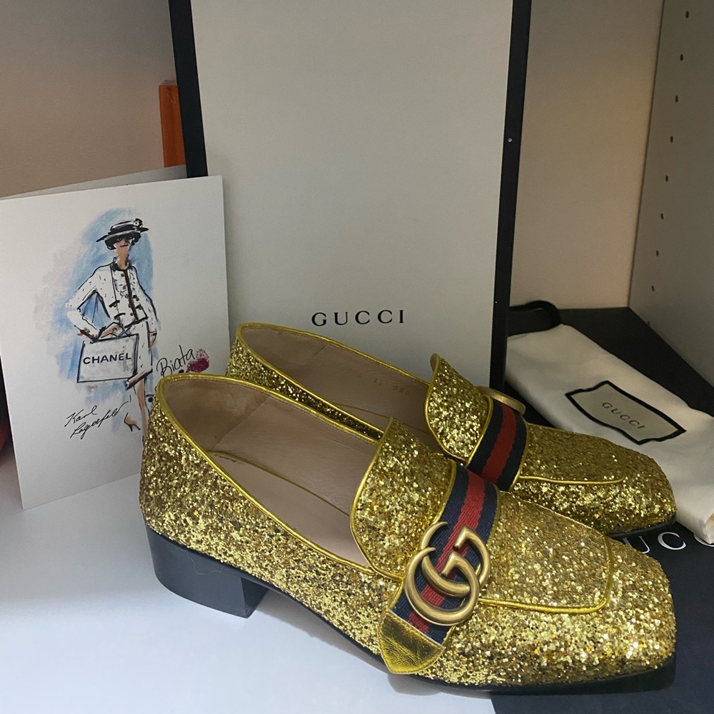 Gucci Peyton Women's Gold Glitter Leather Metal G Web Detail , Sz 37.